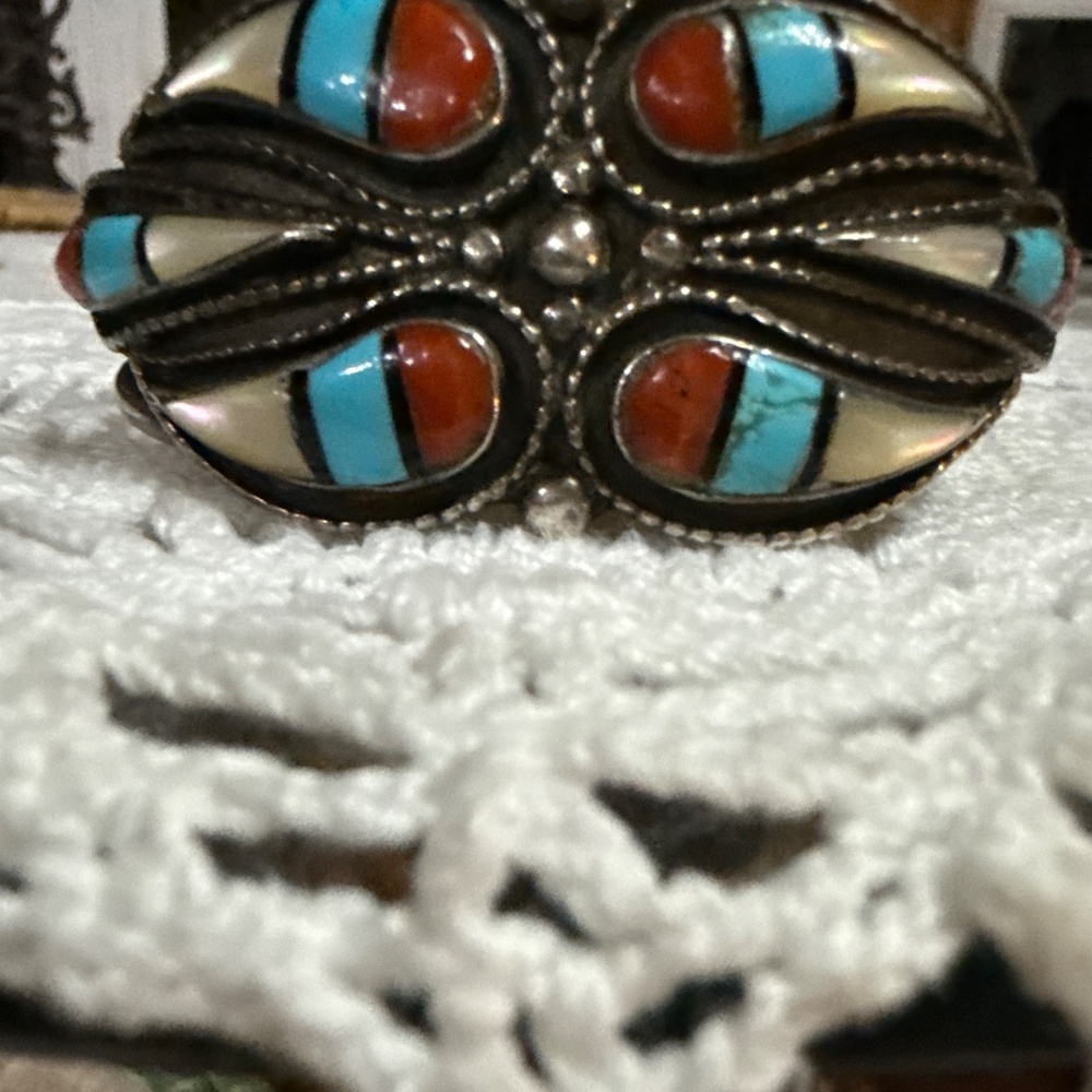 Vintage Zuni Sterling, Turquoise, Coral & MOP - Picture 5 of 10